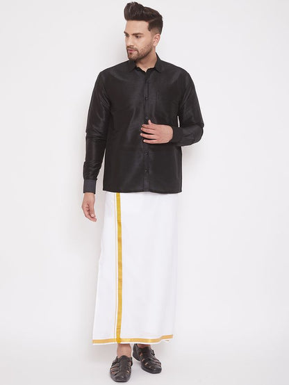 Men's Black Silk Blend Straight Shirt And Mundu