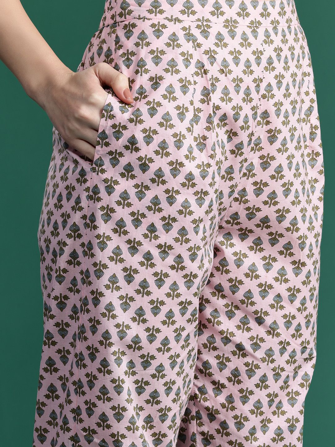 Floral Printed Angrakha Beads and Stones Pure Cotton Kurta Set & With Dupatta