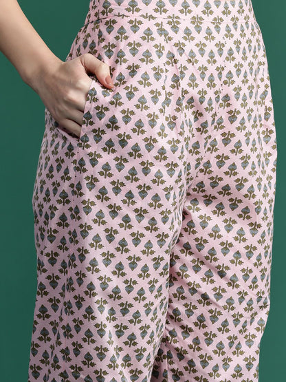 Floral Printed Angrakha Beads and Stones Pure Cotton Kurta Set & With Dupatta