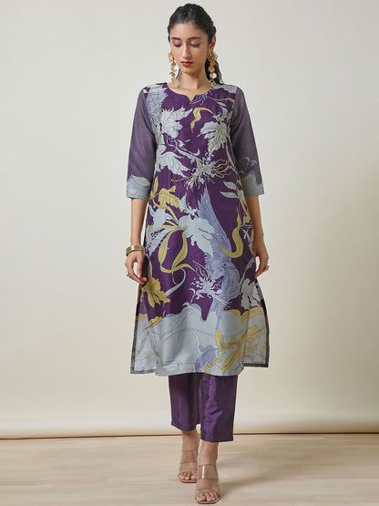 Dhiyona SO Women's Floral Printed Beads & Stones Notch Neck Straight Kurta with Trousers