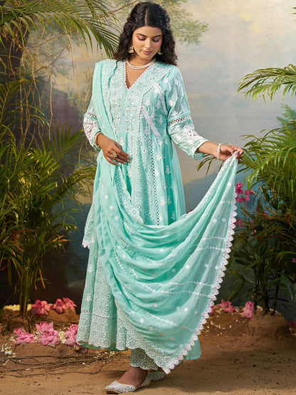Women Floral Embroidered Cotton Kurta with Trousers & Dupatta