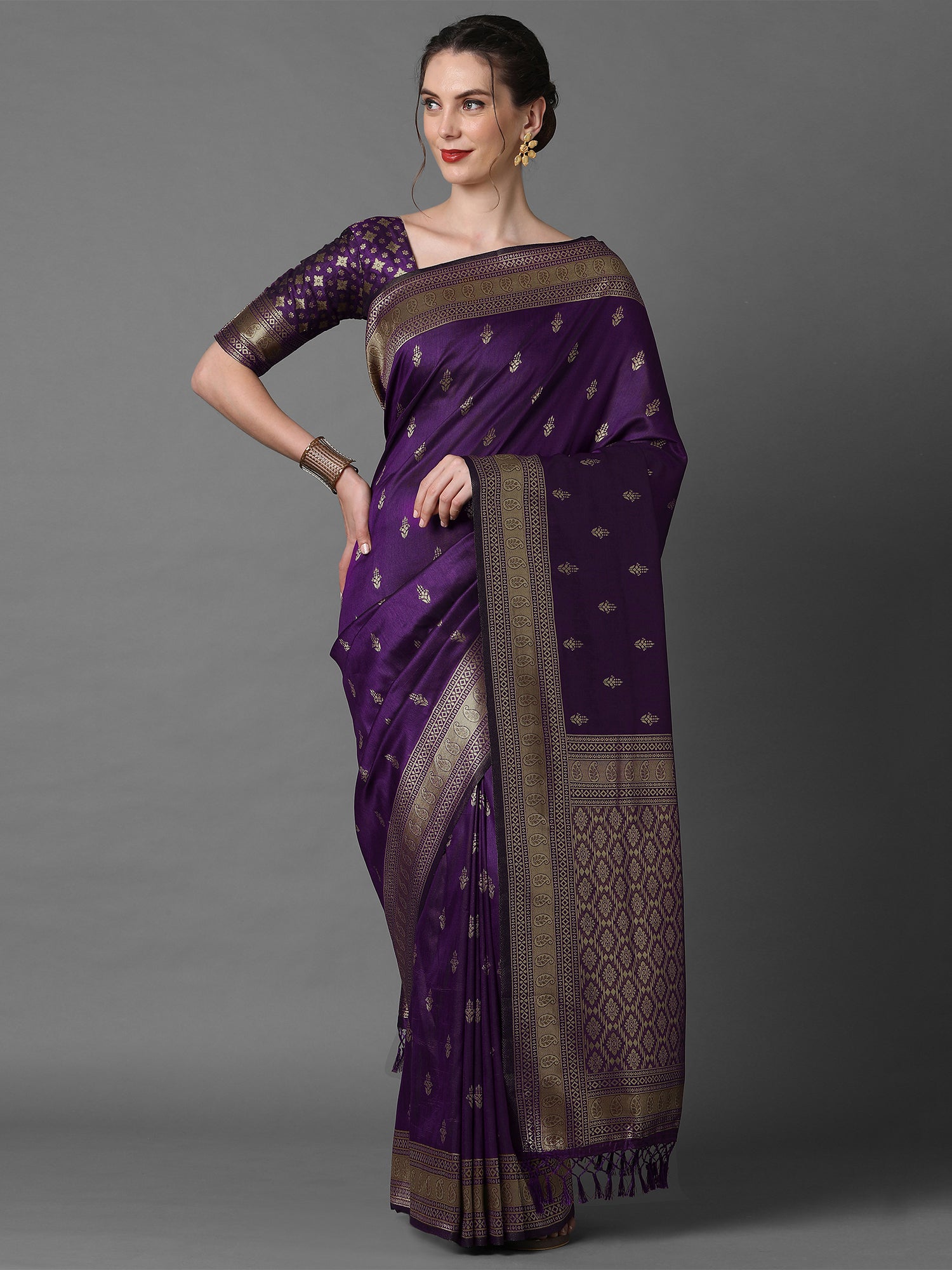 Women's Silk Blend Purple Woven Design Designer Saree With Blouse Piece