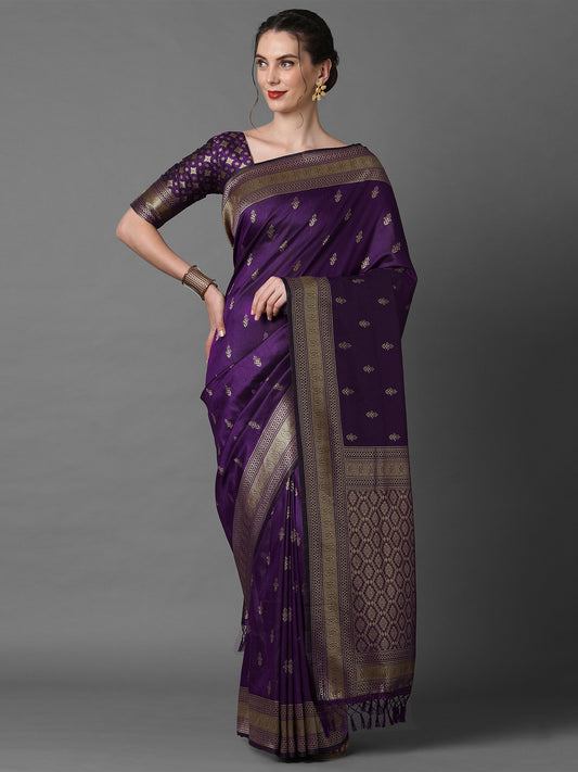 Women's Silk Blend Purple Woven Design Designer Saree With Blouse Piece