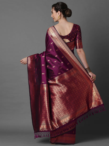 Women's Silk Blend Magenta Woven Design Designer Saree With Blouse Piece
