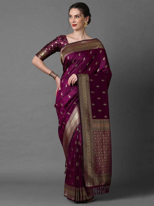 Women's Silk Blend Magenta Woven Design Designer Saree With Blouse Piece