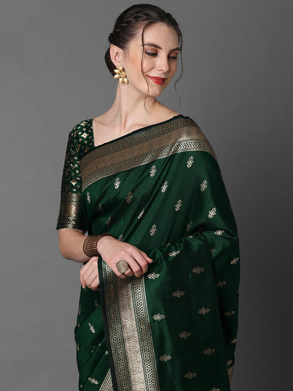 Women's Silk Blend Green Woven Design Designer Saree With Blouse Piece