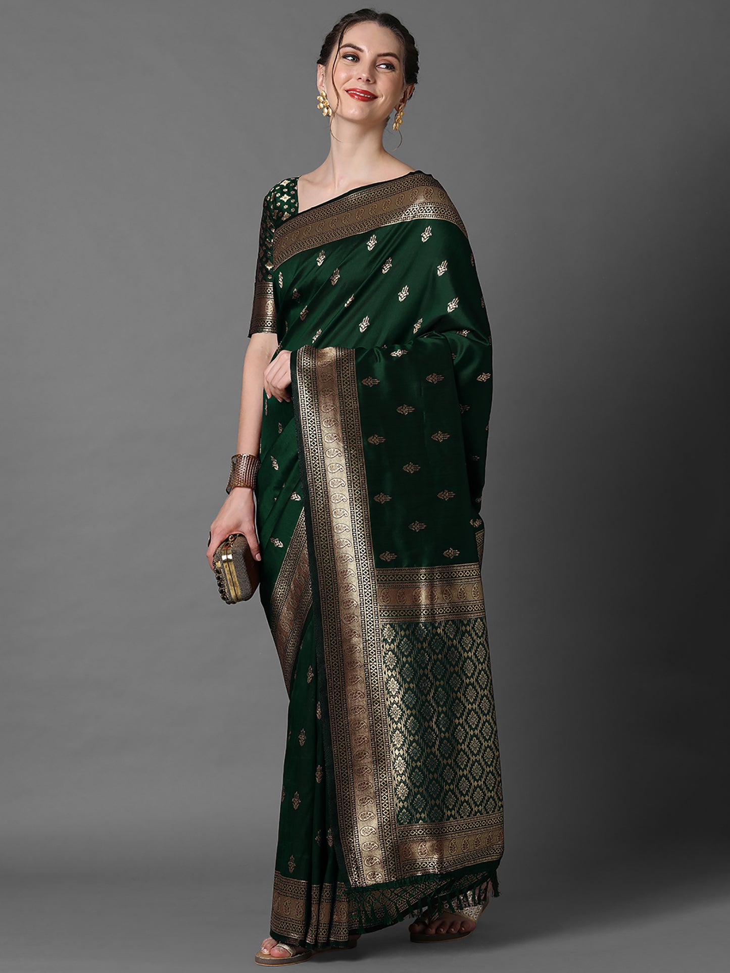 Women's Silk Blend Green Woven Design Designer Saree With Blouse Piece