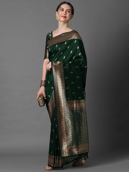 Women's Silk Blend Green Woven Design Designer Saree With Blouse Piece