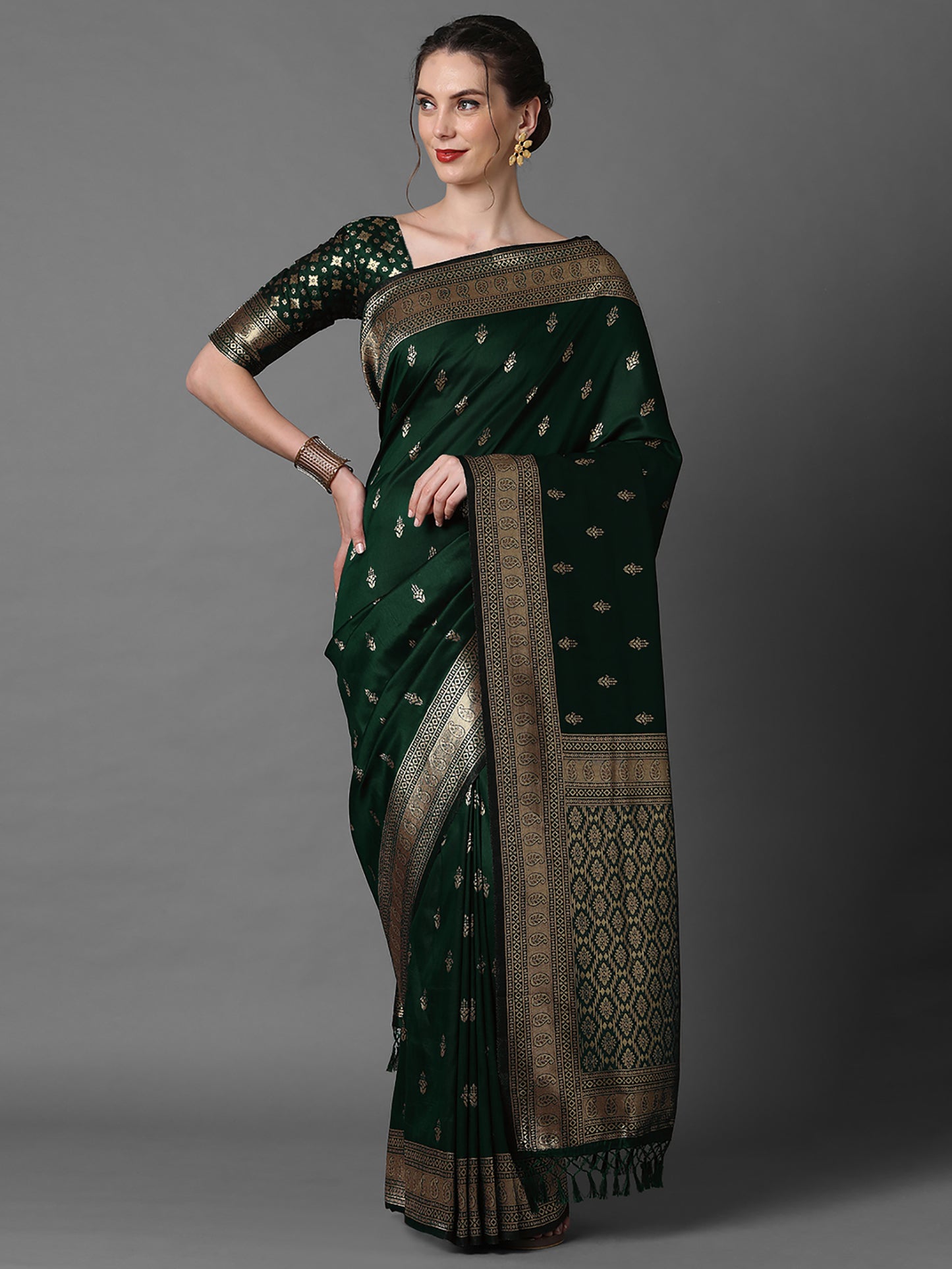 Women's Silk Blend Green Woven Design Designer Saree With Blouse Piece