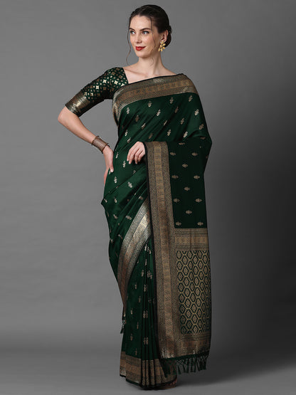 Women's Silk Blend Green Woven Design Designer Saree With Blouse Piece