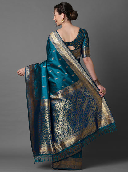 Women's Silk Blend Blue Woven Design Designer Saree With Blouse Piece