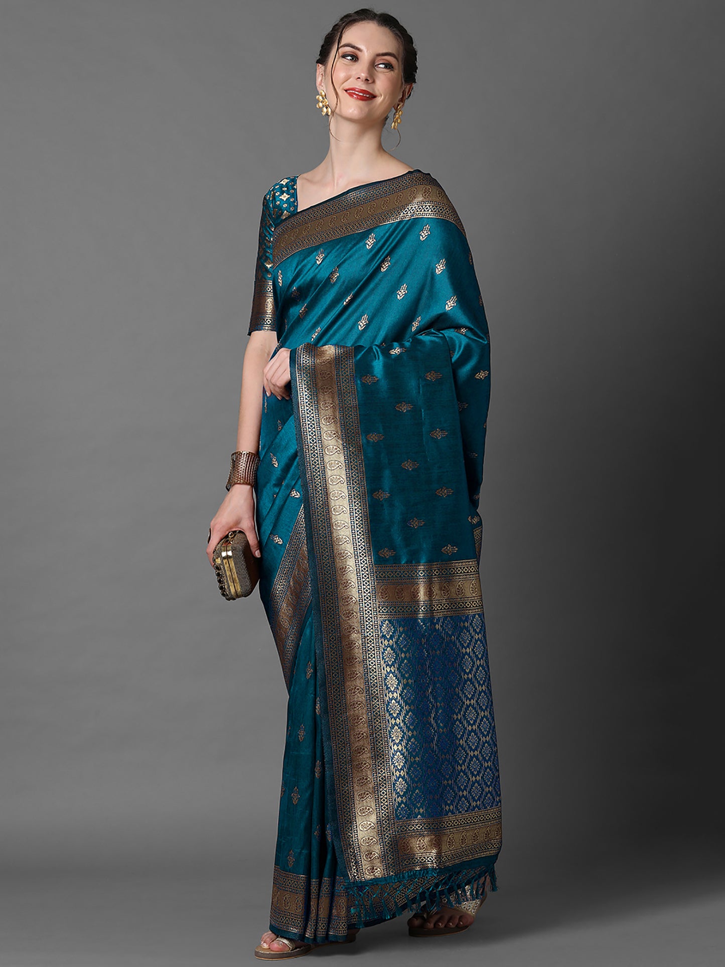 Women's Silk Blend Blue Woven Design Designer Saree With Blouse Piece