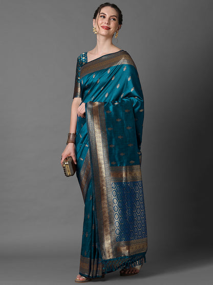 Women's Silk Blend Blue Woven Design Designer Saree With Blouse Piece