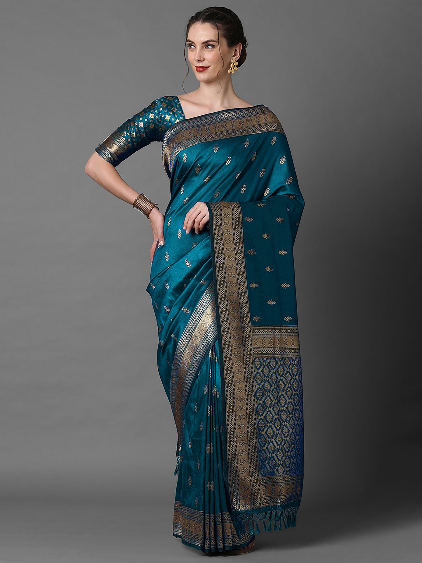 Women's Silk Blend Blue Woven Design Designer Saree With Blouse Piece
