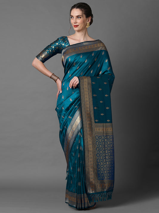 Women's Silk Blend Blue Woven Design Designer Saree With Blouse Piece