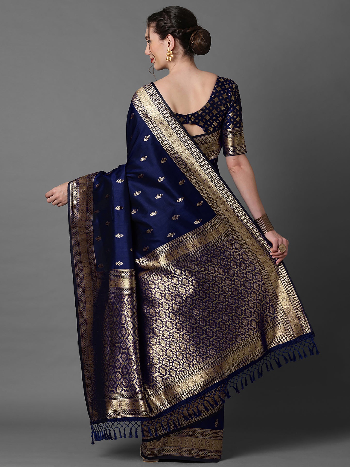 Women's Silk Blend Navy Blue Woven Design Designer Saree With Blouse Piece