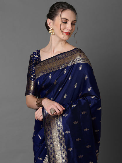 Women's Silk Blend Navy Blue Woven Design Designer Saree With Blouse Piece
