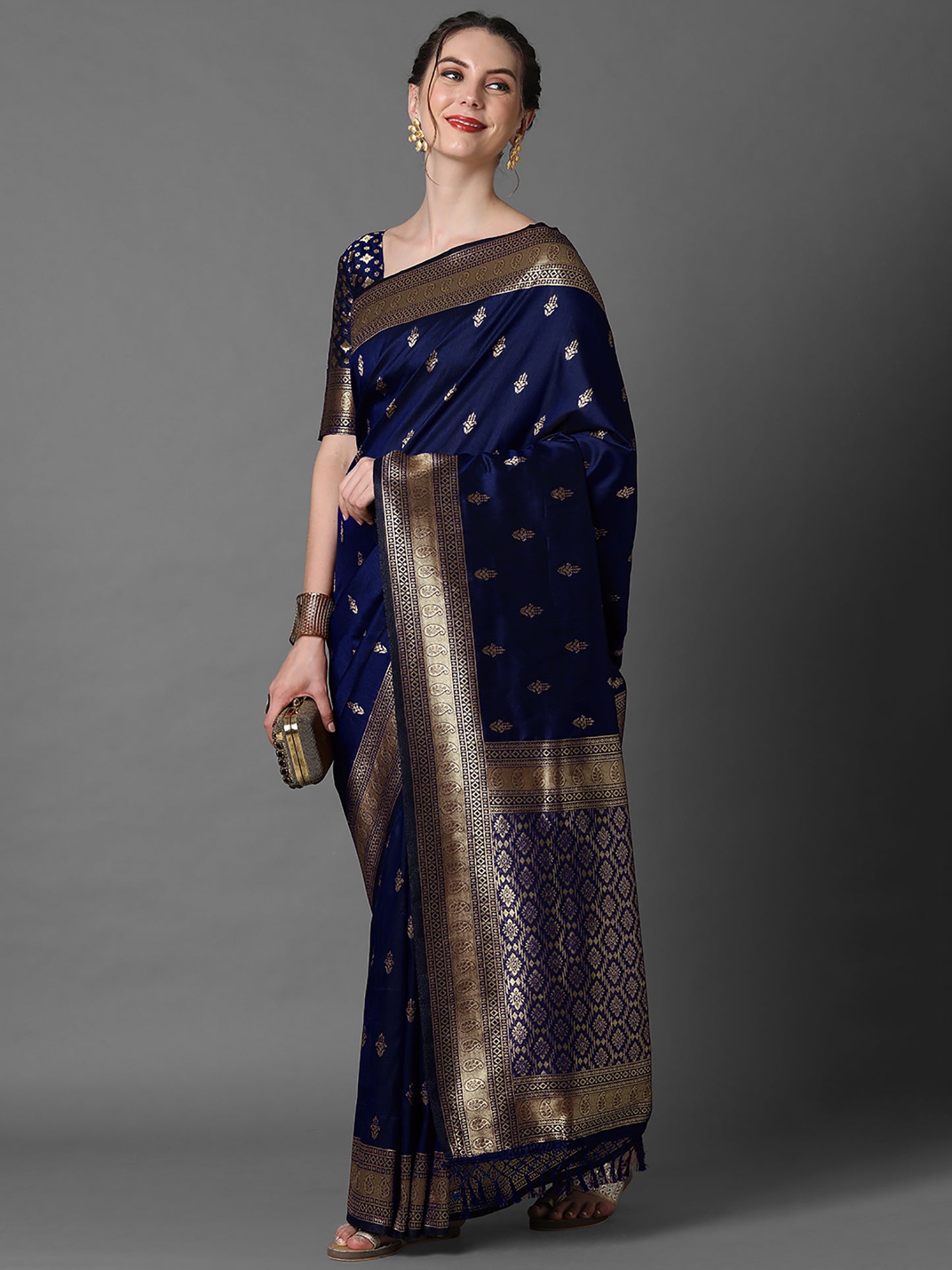 Women's Silk Blend Navy Blue Woven Design Designer Saree With Blouse Piece