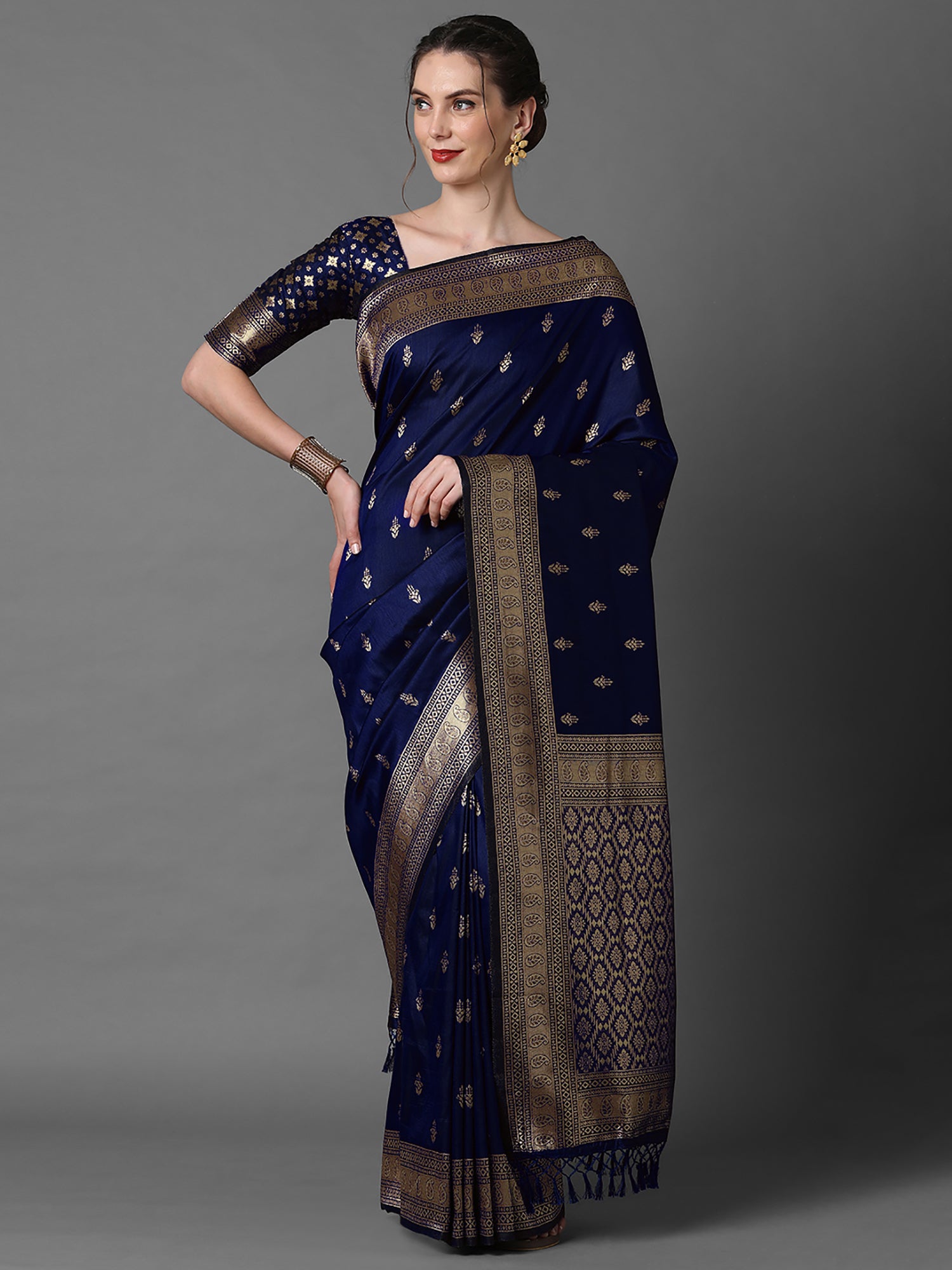 Women's Silk Blend Navy Blue Woven Design Designer Saree With Blouse Piece