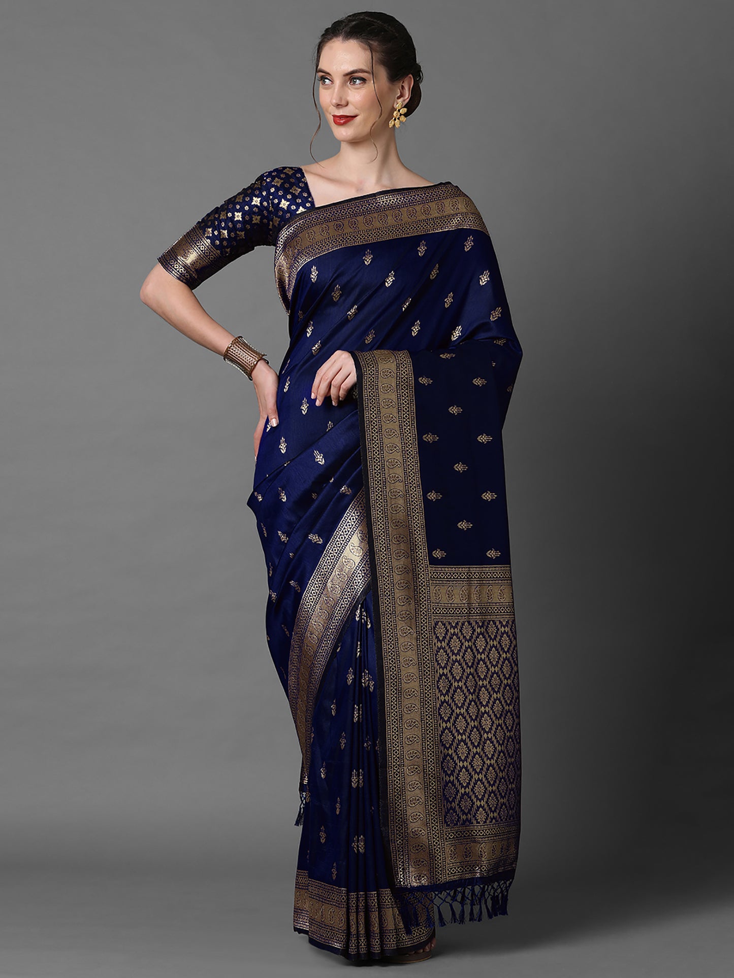 Women's Silk Blend Navy Blue Woven Design Designer Saree With Blouse Piece