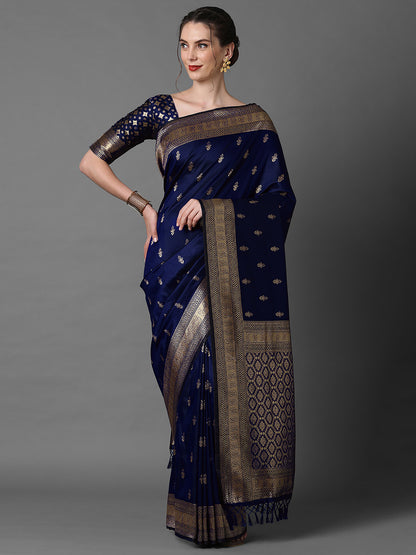 Women's Silk Blend Navy Blue Woven Design Designer Saree With Blouse Piece