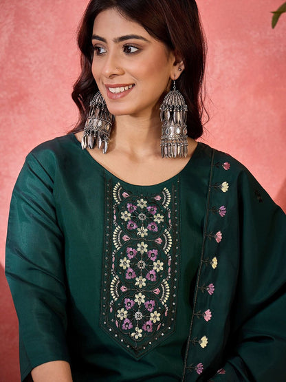 Dhiyona SN Women's Floral Embroidered Thread Work Pure Silk Straight Kurta & Trousers With Dupatta