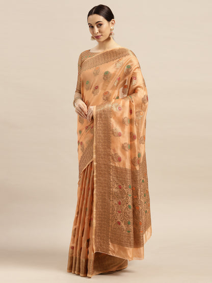 Women's Silk Blend Orange Woven Design Designer Saree With Blouse Piece