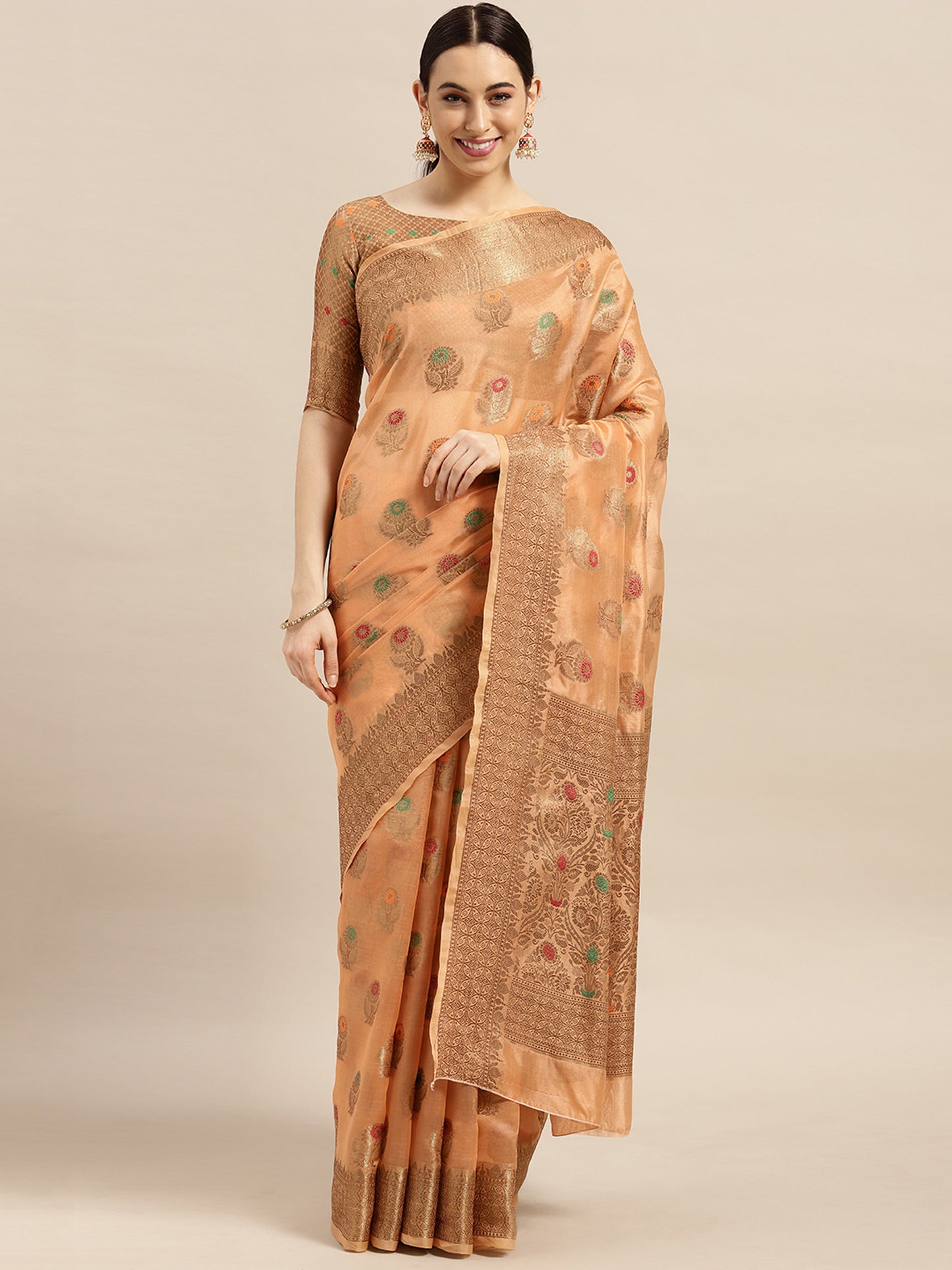Women's Silk Blend Orange Woven Design Designer Saree With Blouse Piece