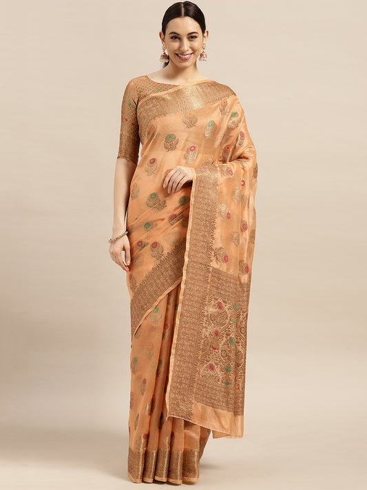 Women's Silk Blend Orange Woven Design Designer Saree With Blouse Piece