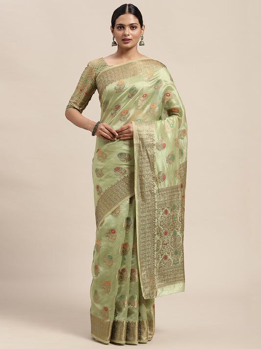 Women's Silk Blend Olive Woven Design Designer Saree With Blouse Piece