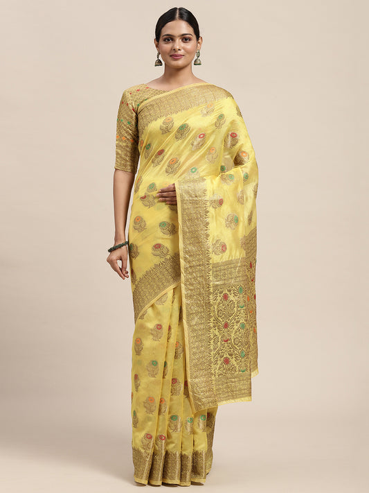 Women's Silk Blend Yellow Woven Design Designer Saree With Blouse Piece