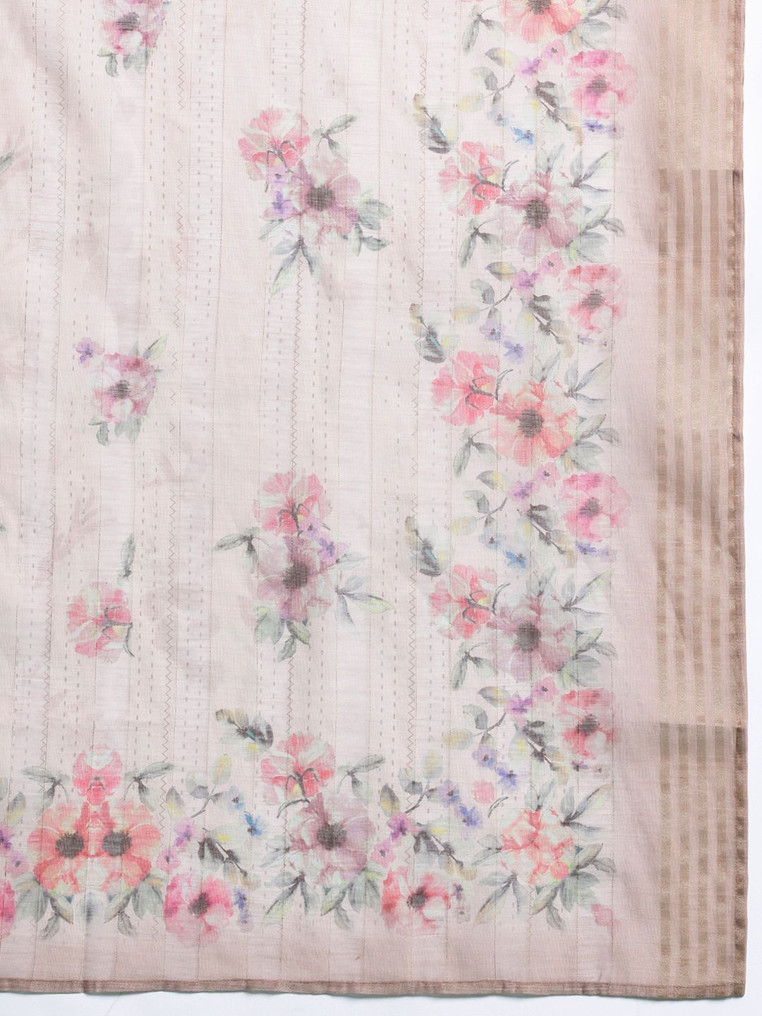 Floral Print Thread Work Linen Kurta with Trousers & Dupatta