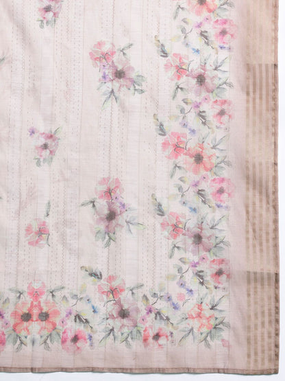 Floral Print Thread Work Linen Kurta with Trousers & Dupatta