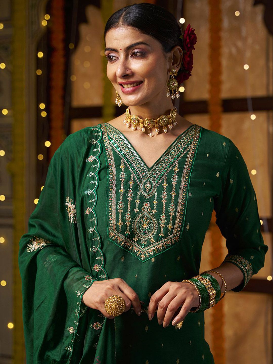 Dhiyona CH Floral Embroidered V-Neck Mirror Work Straight Kurta With Trousers & Dupatta