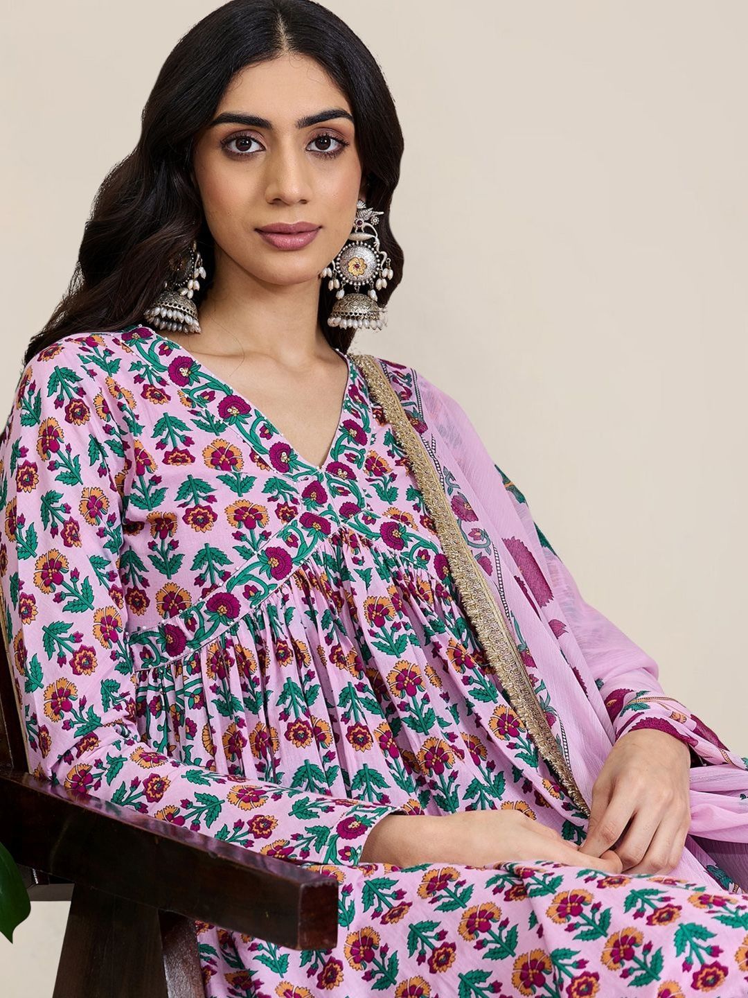 Women Floral Printed Panelled Pure Cotton Kurta with Trousers & With Dupatta