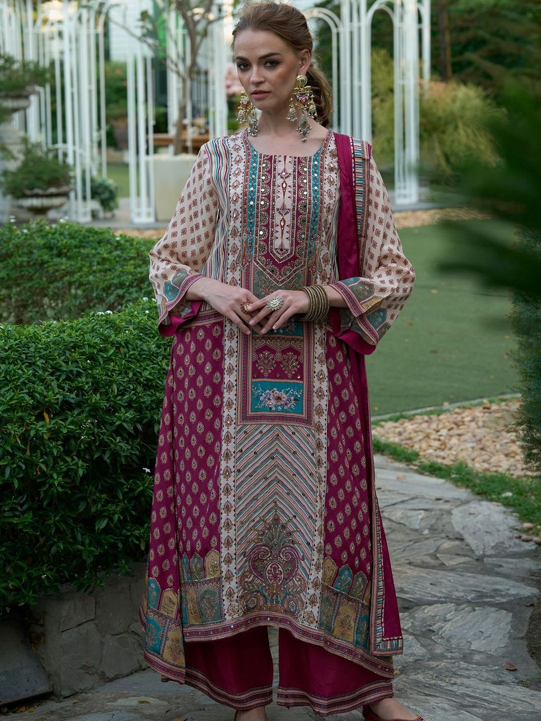 Dhiyona IE Women Printed Regular Mirror Work Kurta with Palazzos & With Dupatta