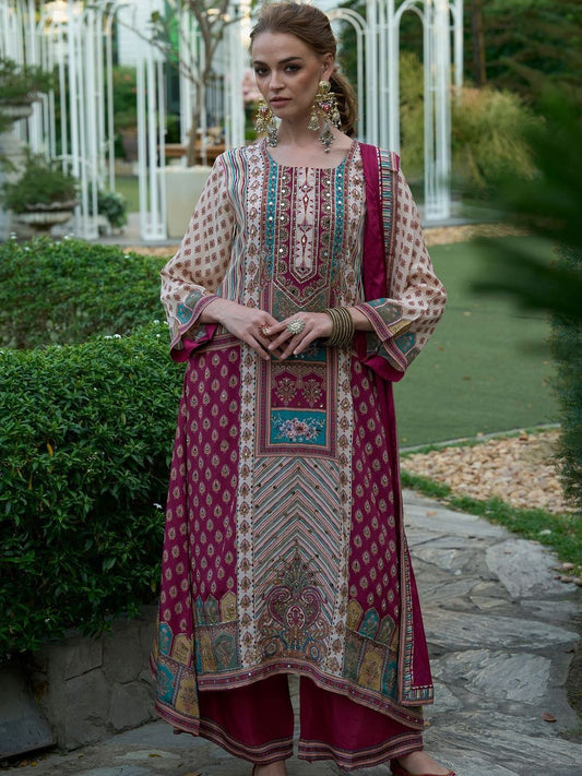 Women Printed Regular Mirror Work Kurta with Palazzos & With Dupatta