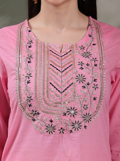Dhiyona SN Women's Embroidered Pure Cotton Straight Kurta With Trousers & Dupatta