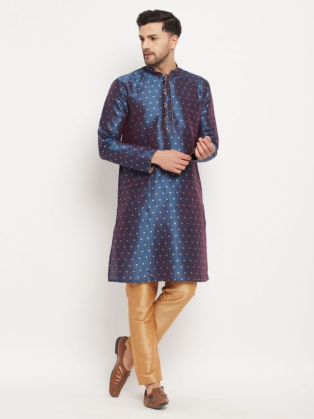 Men's Blue Silk Blend Straight Kurta Pyjama Set