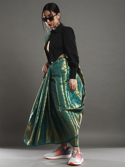 Women's Silk Blend Teal blue Woven Design Designer Saree With Blouse Piece