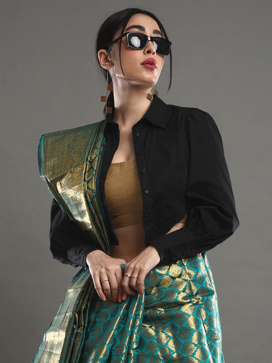 Women's Silk Blend Teal blue Woven Design Designer Saree With Blouse Piece