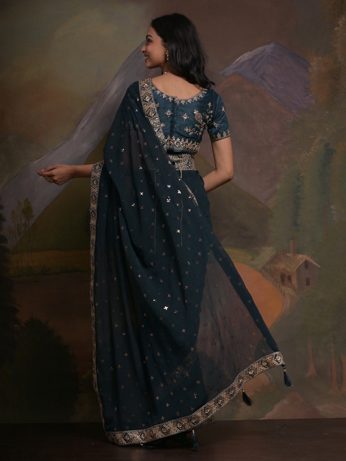 Women's Georgette Teal blue Embellished Designer Saree With Blouse Piece