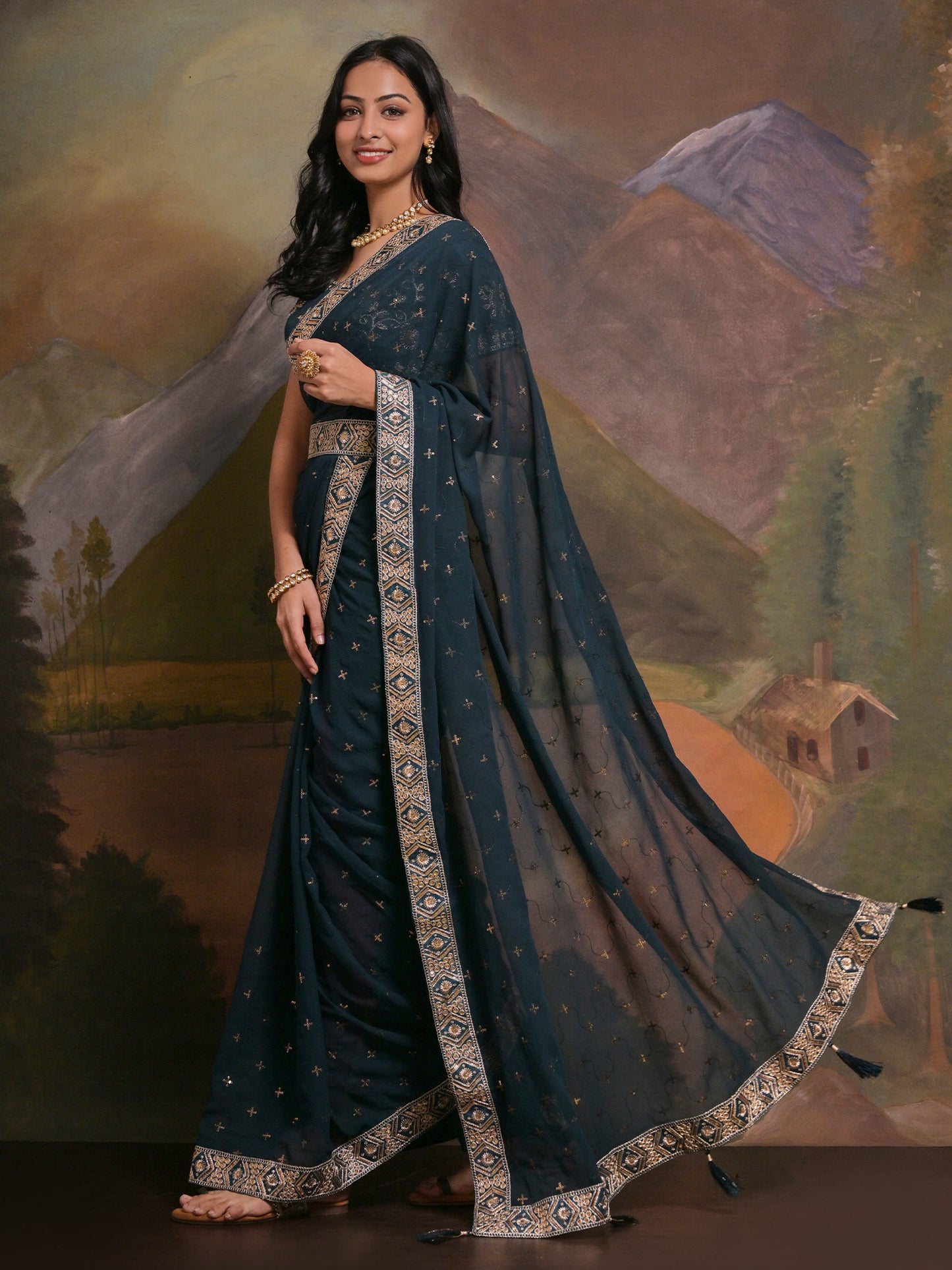 Women's Georgette Teal blue Embellished Designer Saree With Blouse Piece