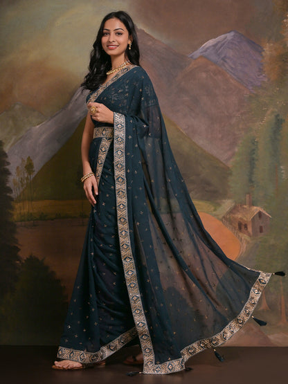 Women's Georgette Teal blue Embellished Designer Saree With Blouse Piece
