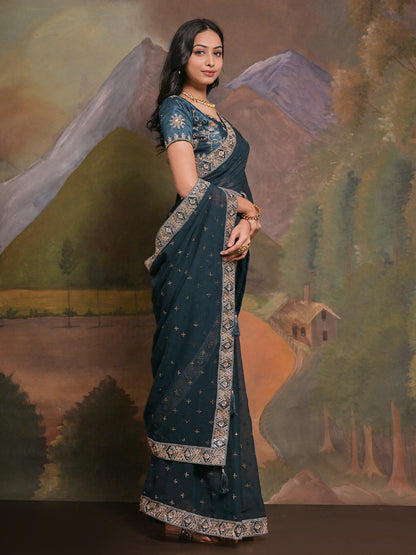 Women's Georgette Teal blue Embellished Designer Saree With Blouse Piece