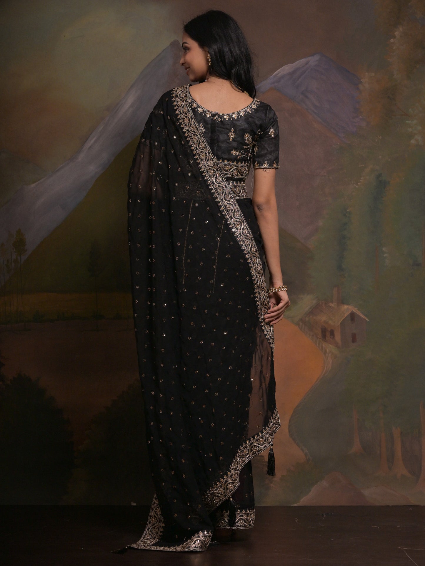 Women's Georgette Black Embellished Designer Saree With Blouse Piece