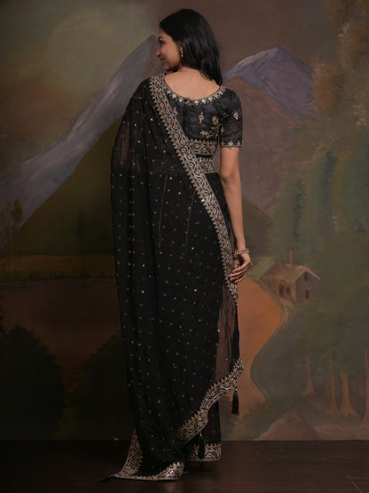 Women's Georgette Black Embellished Designer Saree With Blouse Piece