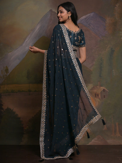 Women's Georgette Teal blue Embellished Designer Saree With Blouse Piece