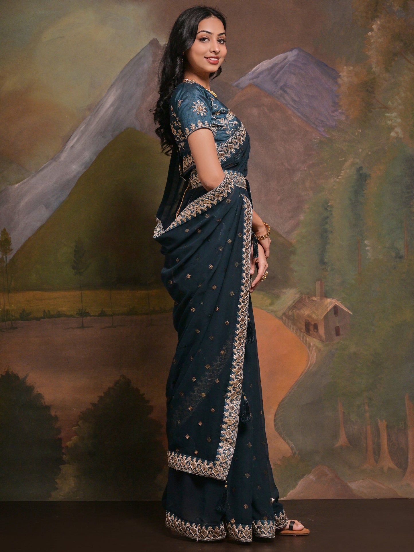 Women's Georgette Teal blue Embellished Designer Saree With Blouse Piece