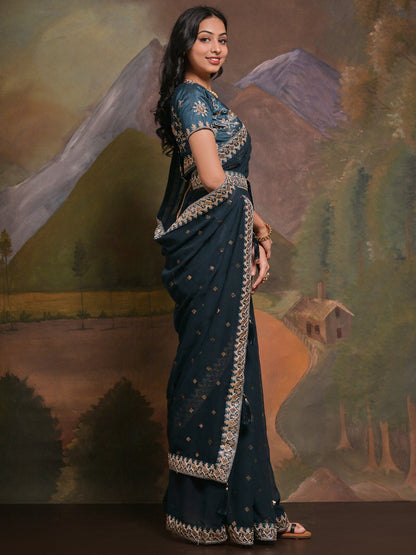 Women's Georgette Teal blue Embellished Designer Saree With Blouse Piece